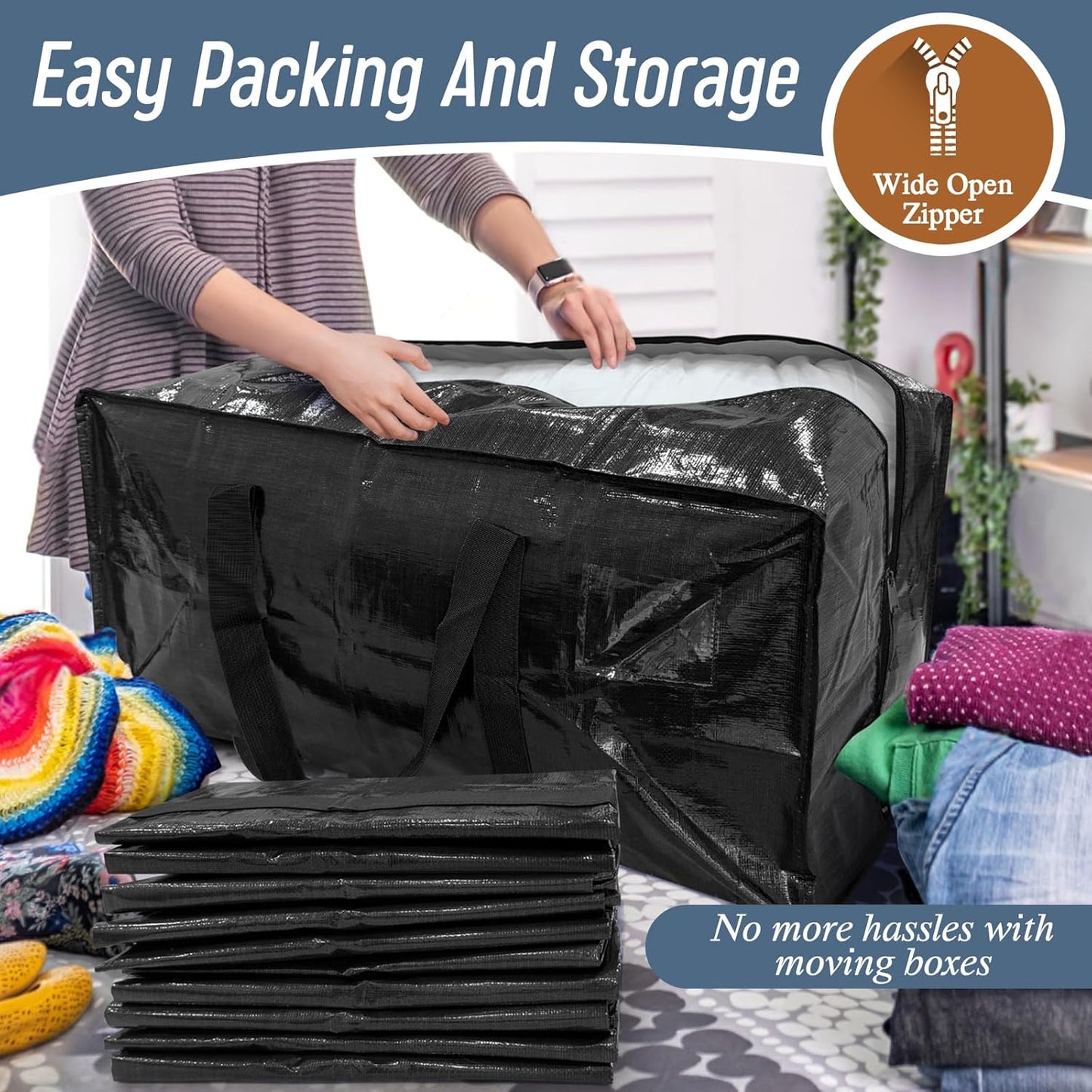 6 Pack Extra Heavy Duty Large Moving Bags with Strong Zipper & Comfortable Handles, Sturdy & Durable Clothes Storage Bags Totes Bins, Blue Packing Moving Boxes for College Supplies, Dark Blue