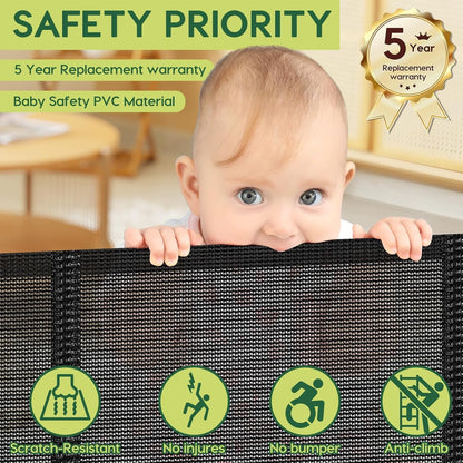 Reinforced 55" Wide Retractable Baby Gates with Reinforced Strips, Indoor/Outdoor Retractable Dog Gate for Doorway Prevent Bottom Drilling Through, No Bottom Bar Safety Mesh Baby Gate for Stair, Black