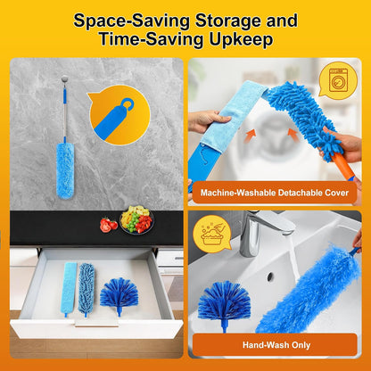 Tiumso Dusters for Cleaning,Microfiber Feather Duster 5-in-1 Kit, Duster with Extension Pole 100 Inches, Cobweb Duster, Microfiber Dusters for High Ceilings and Fans, Blinds and Cars