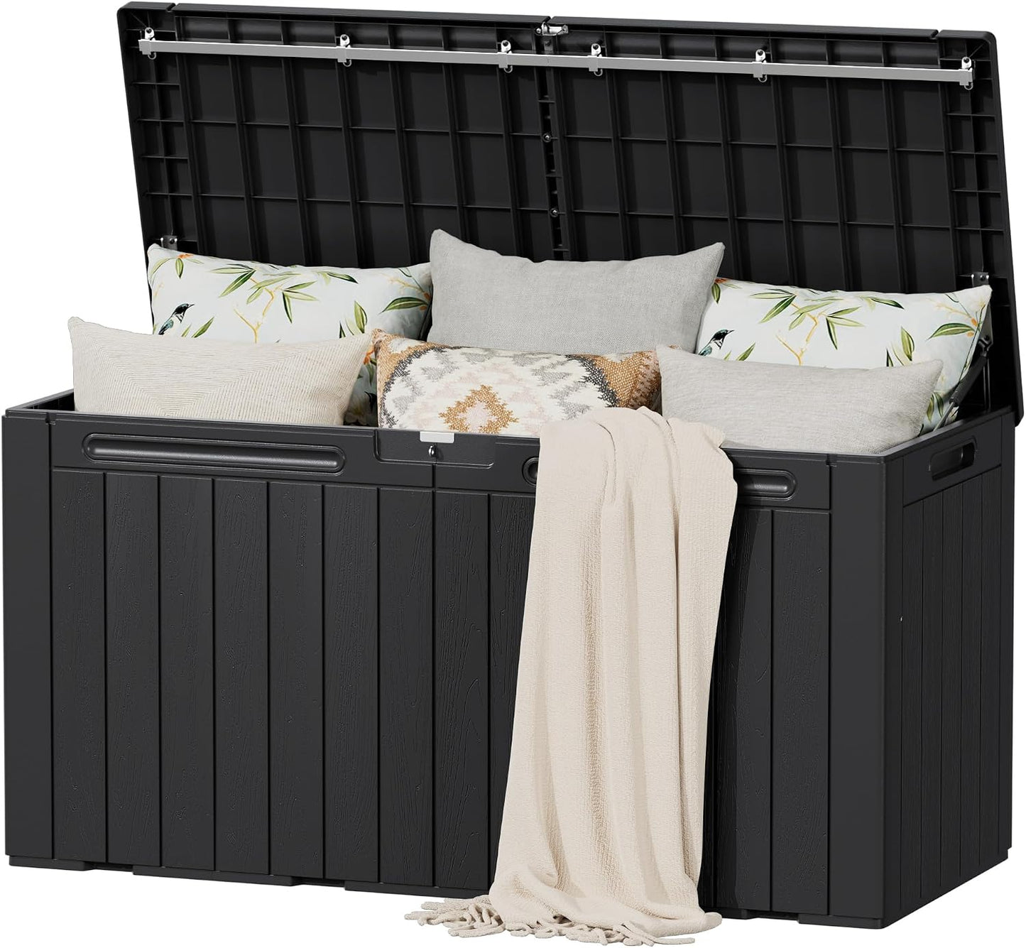 Flamaker Resin Deck Box 120 Gallon Waterproof Large Outdoor Indoor Storage Box Imitation Wood Resin for Patio Furniture Garden Tools and Pool (Black)