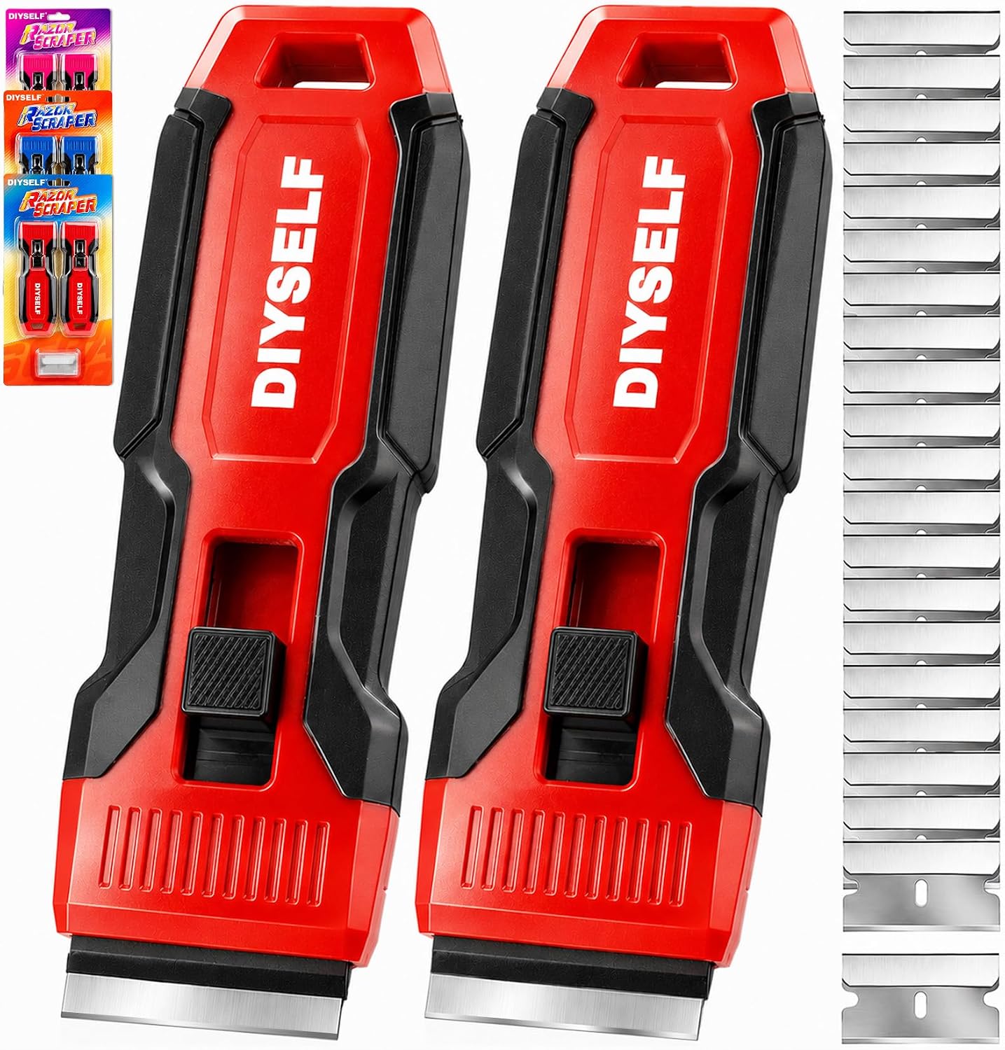 DIYSELF 2 Pack Razor Blade Scraper with 30 PCS Blades, Razor Scraper Tool for Glass Cooktop & Window, Glass Scraper for Stove Top, Oven, Sticker & Glue, Non-Slip Grip Paint Scraper, Easy Blade Change