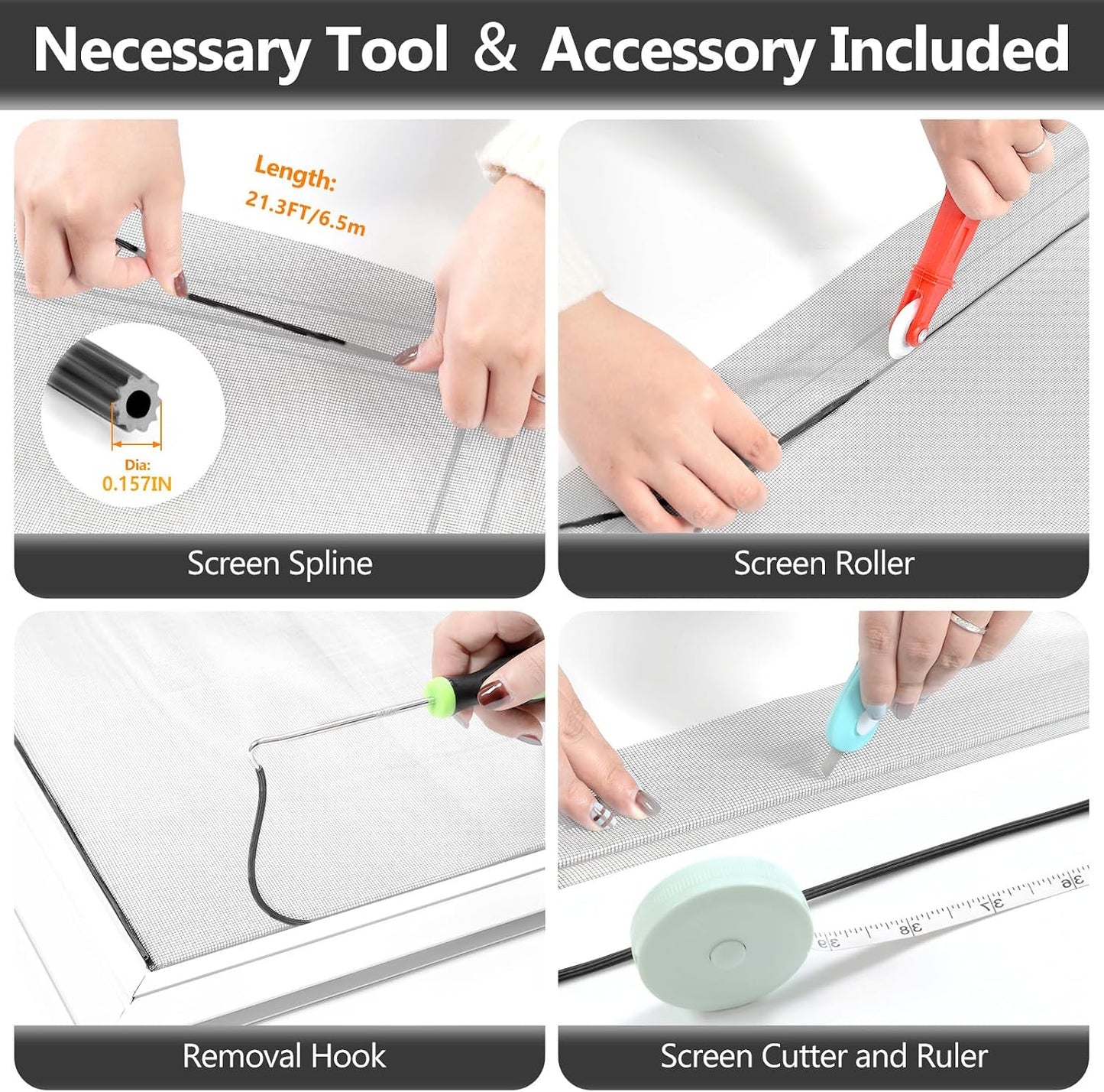 Secopad Window Screen Door Repair Kit, 48" x 177" Screen Door Mesh Replacement Kit, Durable Fiberglass Mesh Roll with Tools for Windows Doors Patio and Porch Replacement, Black