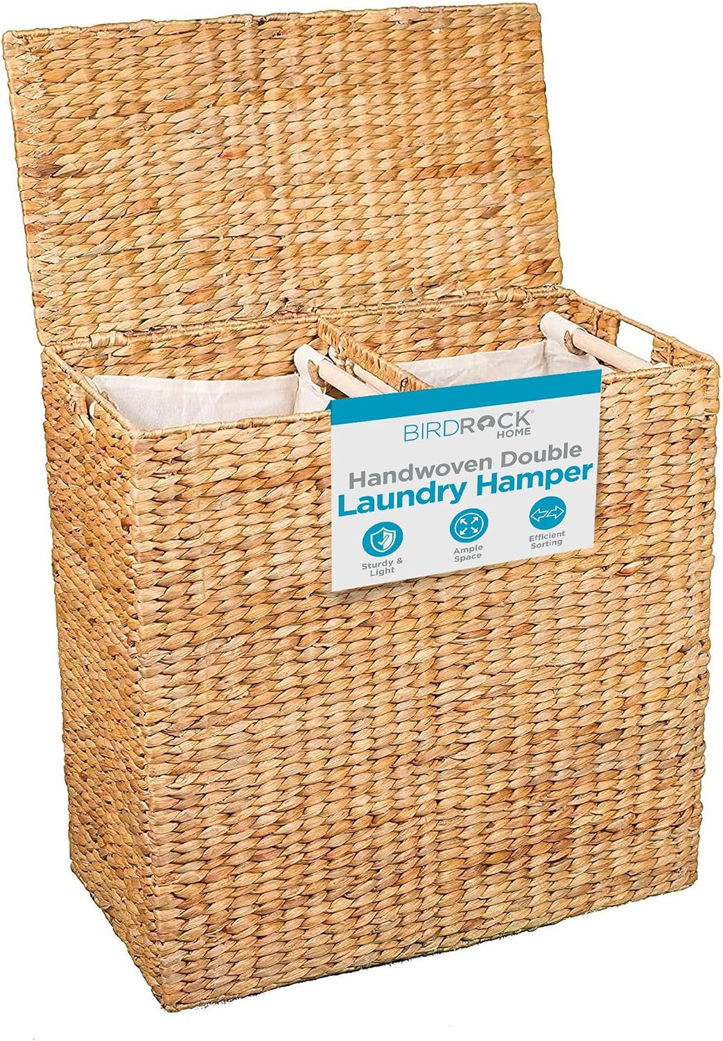 BirdRock Home Water Hyacinth Laundry Hamper Divided Interior (Espresso) | Eco-Friendly | Made of Hand Woven Hyacinth Fibers | Includes Two Removable Cotton Liners Bag | Wicker Laundry Basket with Lid