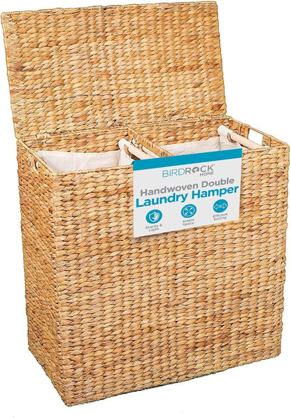 BirdRock Home Water Hyacinth Laundry Hamper Divided Interior (Espresso) | Eco-Friendly | Made of Hand Woven Hyacinth Fibers | Includes Two Removable Cotton Liners Bag | Wicker Laundry Basket with Lid
