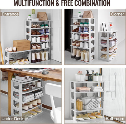TRZZ 5-Tier Small Shoe Rack, Vertical Narrow Stackable Organizer with Removable Partition, Efficient Shoe Storage for Closet, Entryway, and Small Spaces (Black) | Removable Partition, Vertical Efficient Shoe Storage, for Closet, Entryway, Small Spaces