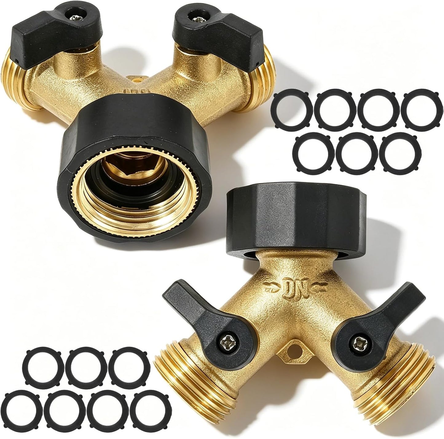 2 Pack Brass Hose Splitter 2 Way, 3/4" Heavy Duty Garden Hose Y Splitter with 14 Rubber Washers, Leak-Free Spigot Splitter with Easy-Grip TPR Valves, Faucet Splitter for Outdoor Garden Lawn Watering