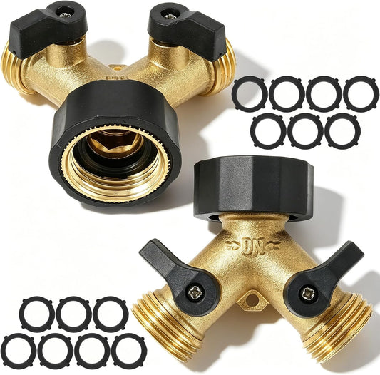 2 Pack Brass Hose Splitter 2 Way, 3/4" Heavy Duty Garden Hose Y Splitter with 14 Rubber Washers, Leak-Free Spigot Splitter with Easy-Grip TPR Valves, Faucet Splitter for Outdoor Garden Lawn Watering
