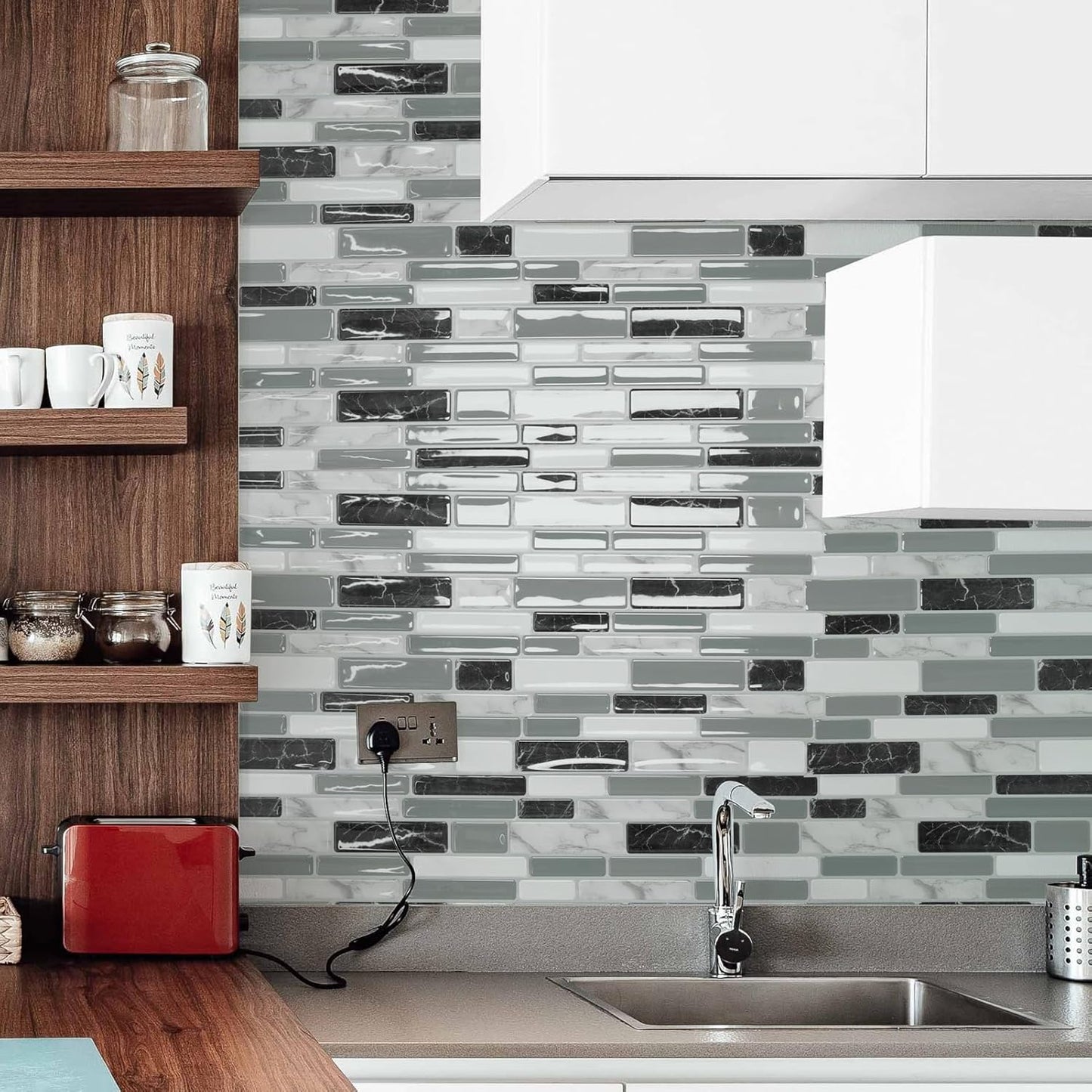 Art3d 10-Sheet Peel and Stick Kitchen Backsplash Tiles, 12"x12" Self-Adhesive Marble Grey Wall Tiles for Kitchen and Bathroom