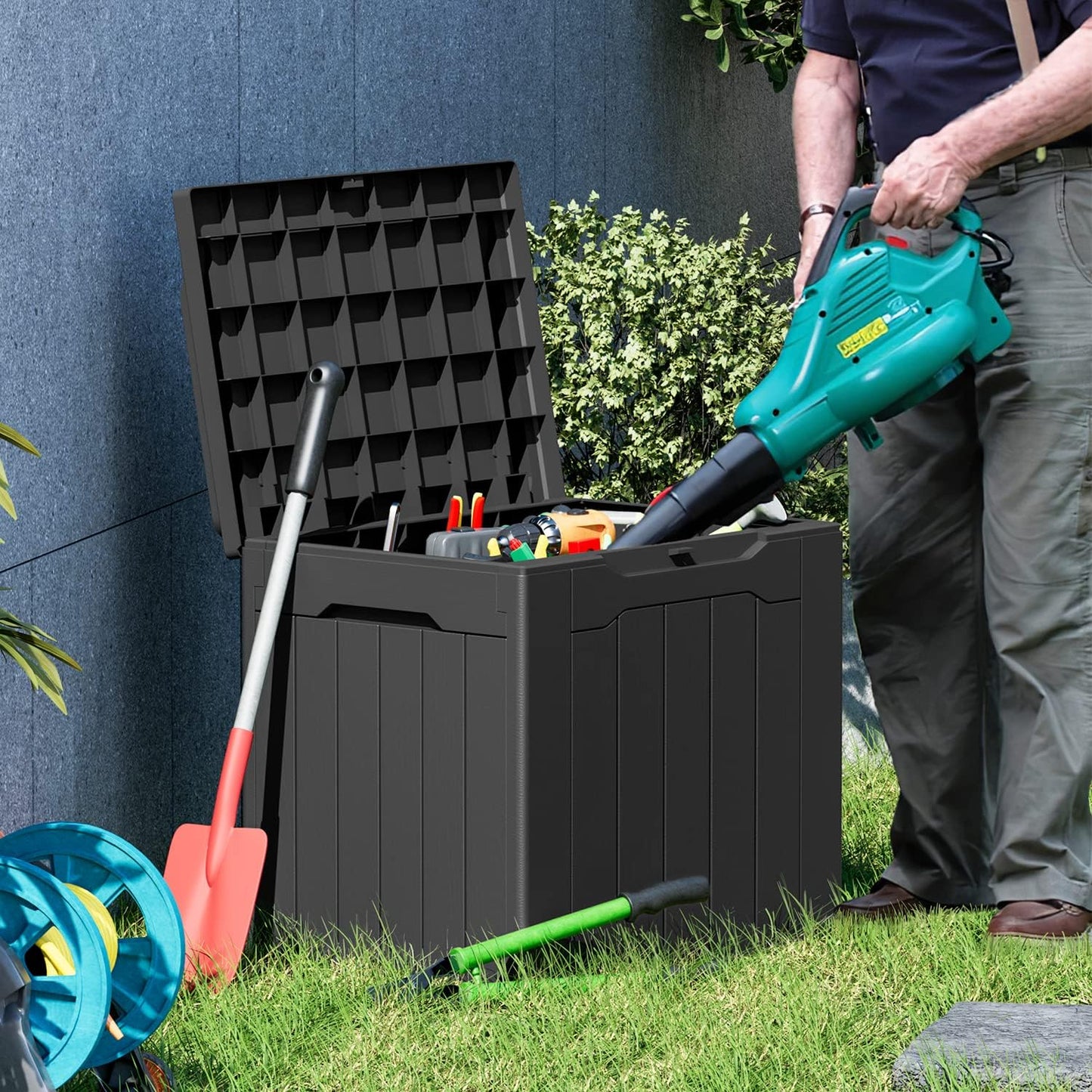Greesum Outdoor Storage Box 31 Gallon Storage Box with Lid for Patio Furniture, Garden Tools, Pool Supplies, Waterproof and UV Resistant, Lockable, Dark Black