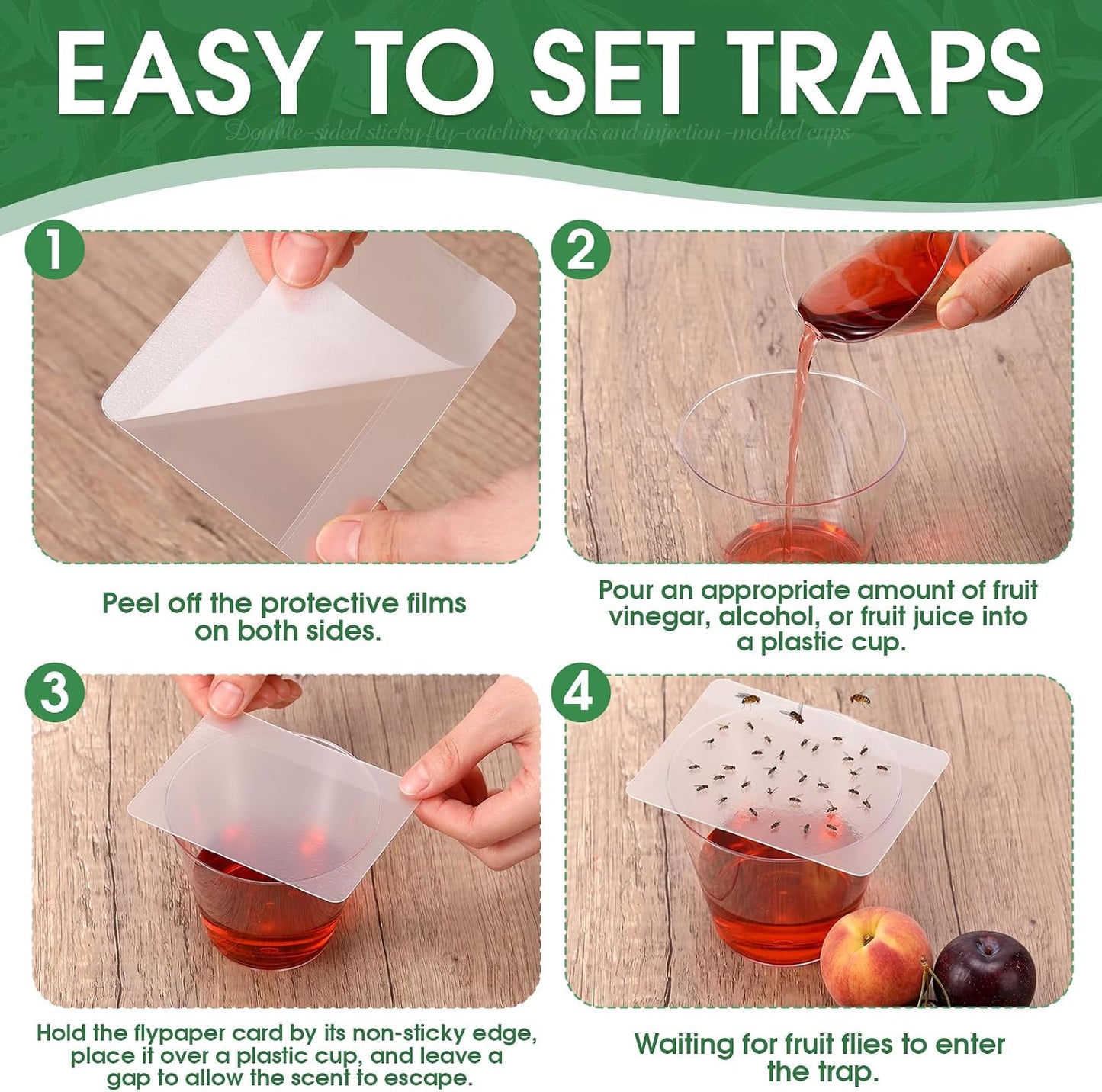 Fruit Fly Trap 25 Pcs Double-Sided Sticky Adhesive Cards and 5 Pcs Plastic Cups Indoor Sticky Fly Killers for Gnats, Fruit Flies, Moths, Kitchen Insect Control