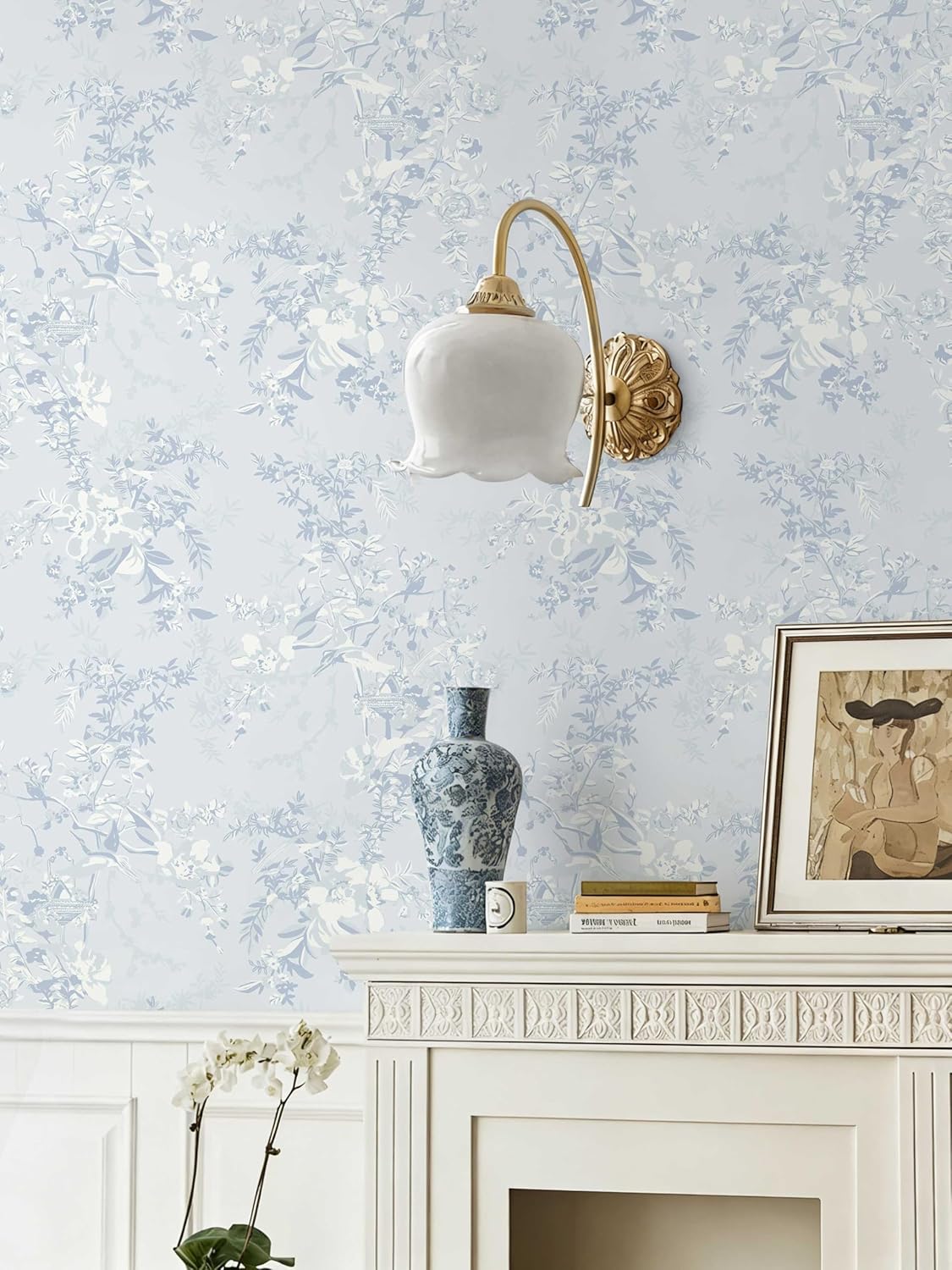 Dimoon 17.3''x78.7'' Vintage Peel and Stick Wallpaper Boho Beige Neutral Contact Paper White Floral Bird Wallpaper Removable Botanical Renter Friendly Modern Wall Paper Bedroom Bathroom Vinyl Roll