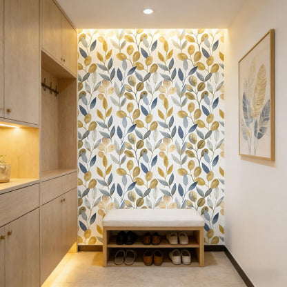 Blue Gold Leaf Peel and Stick Wallpaper Modern Self Adhesive Contact Paper Waterproof Removable Wall Paper for Bathroom Living Room 17.7"x70.8" Luxury Decorative Wallpaper