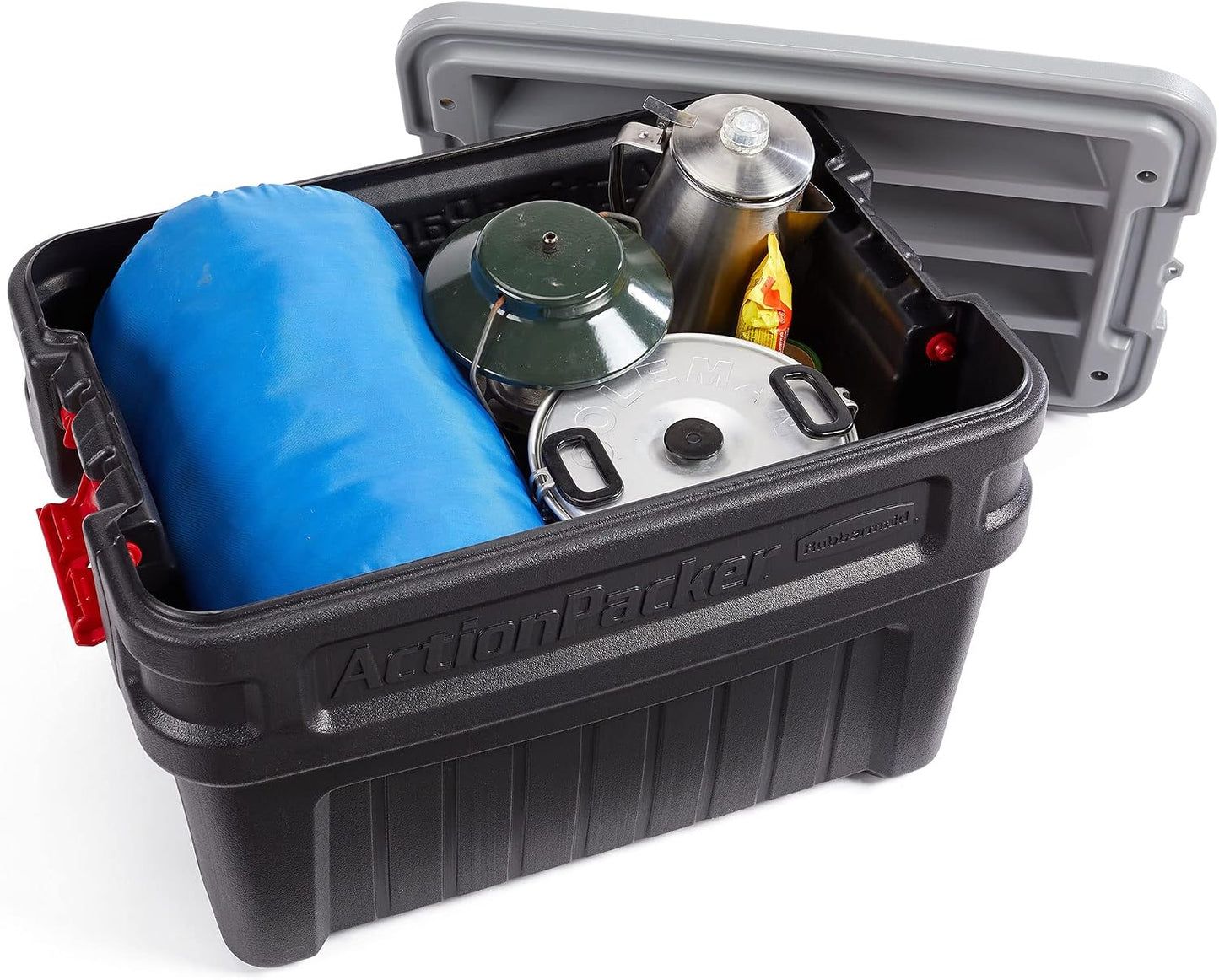 Rubbermaid ActionPacker 35 Gallon, Made in USA, Lockable Plastic Storage Bin with Lid and Wheels- Outdoor, Industrial, Rugged, Camping Gear and Truck Bed Storage - Gray and Black
