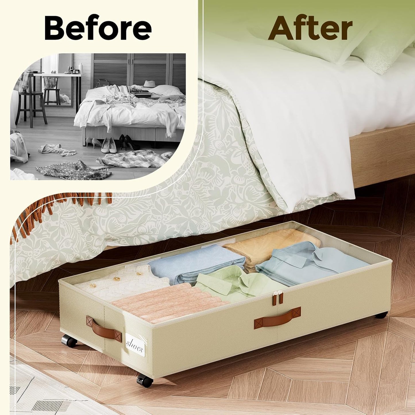LAMU Under Bed Storage with Wheels, 2 Pack Under Bed Storage Containers with Clear Lids & Label, Rolling Under Bed Drawers for Clothes, Shoes, Blankets, Black