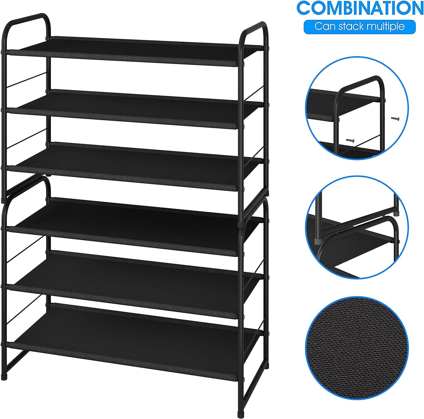 Simple Trending 3-Tier Stackable Shoe Rack, Expandable & Adjustable Shoe Shelf Storage Organizer, Wire Grid, Black
