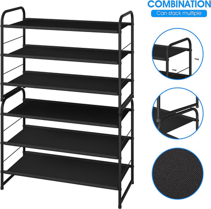 Simple Trending 3-Tier Stackable Shoe Rack, Expandable & Adjustable Shoe Shelf Storage Organizer, Wire Grid, Black