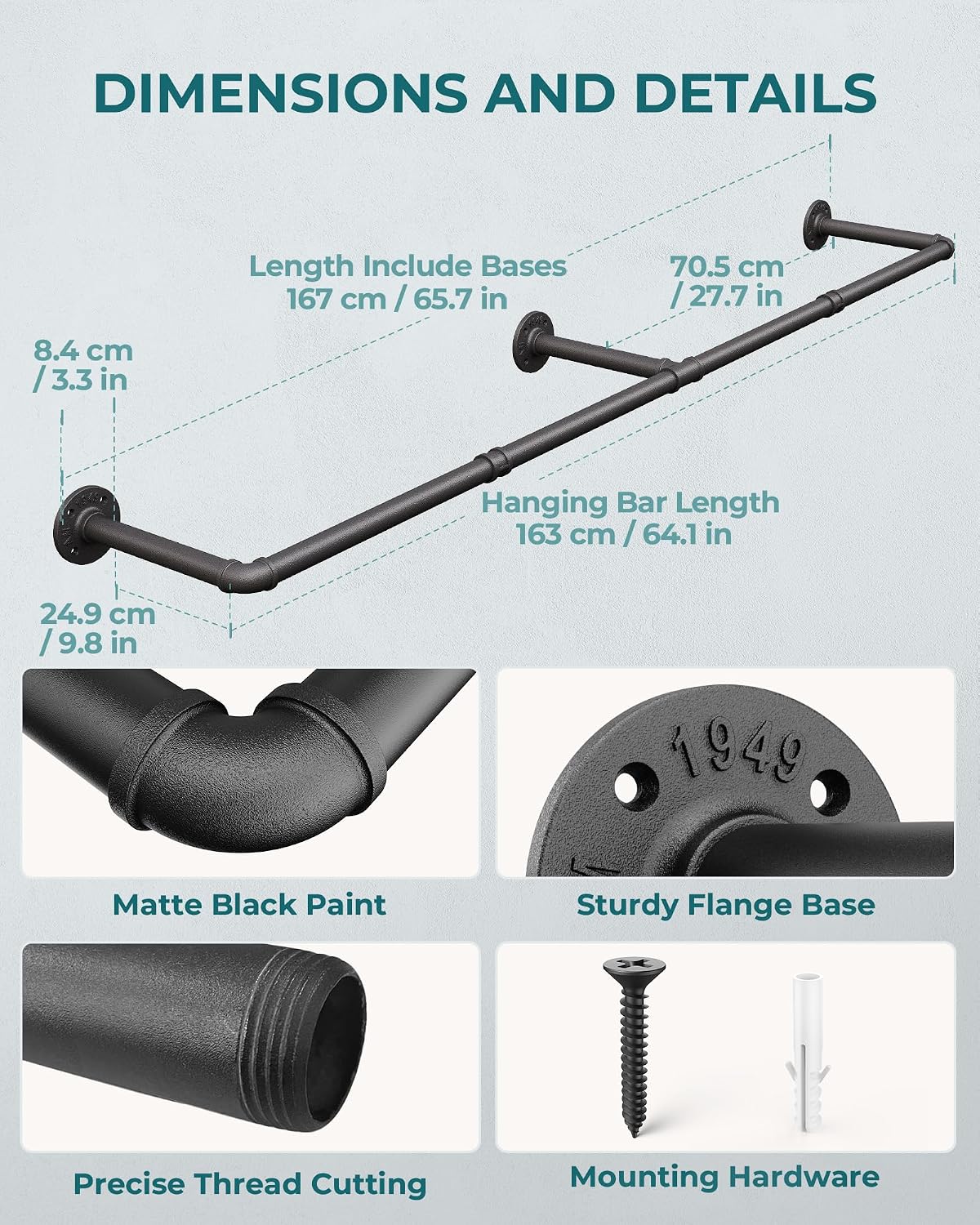OROPY 65.7" Heavy Duty Industrial Pipe Clothes Rack for Hanging Clothes | Wall Mounted Clothes Bar, Space Saving Iron Garment Rack, Multi-Purpose Hanging Rod for Bedroom, Closet, Black, 3 Base