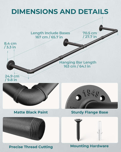 OROPY 65.7" Heavy Duty Industrial Pipe Clothes Rack for Hanging Clothes | Wall Mounted Clothes Bar, Space Saving Iron Garment Rack, Multi-Purpose Hanging Rod for Bedroom, Closet, Black, 3 Base