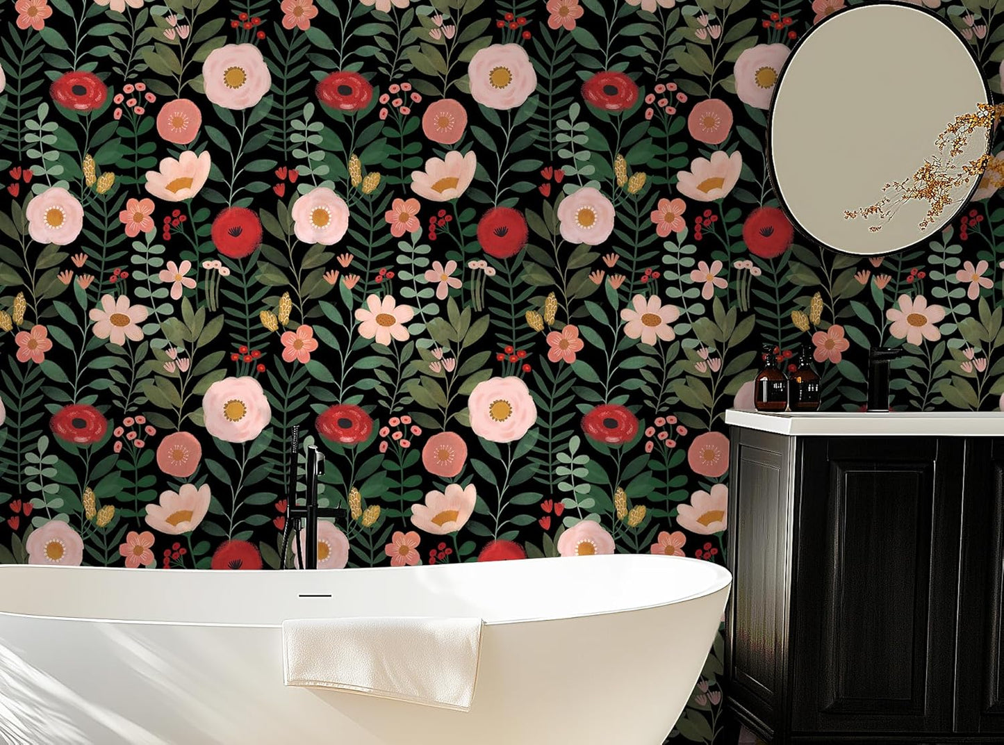 HAOKHOME Floral Peel and Stick Wallpaper Boho Vintage Wall Paper Removable for Bathroom Nursery Beige/Pink/Red Contact Paper 17.3in x 9.8ft