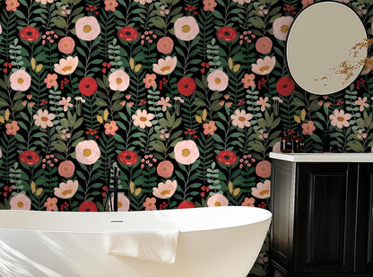 HAOKHOME Floral Peel and Stick Wallpaper Boho Vintage Wall Paper Removable for Bathroom Nursery Beige/Pink/Red Contact Paper 17.3in x 9.8ft