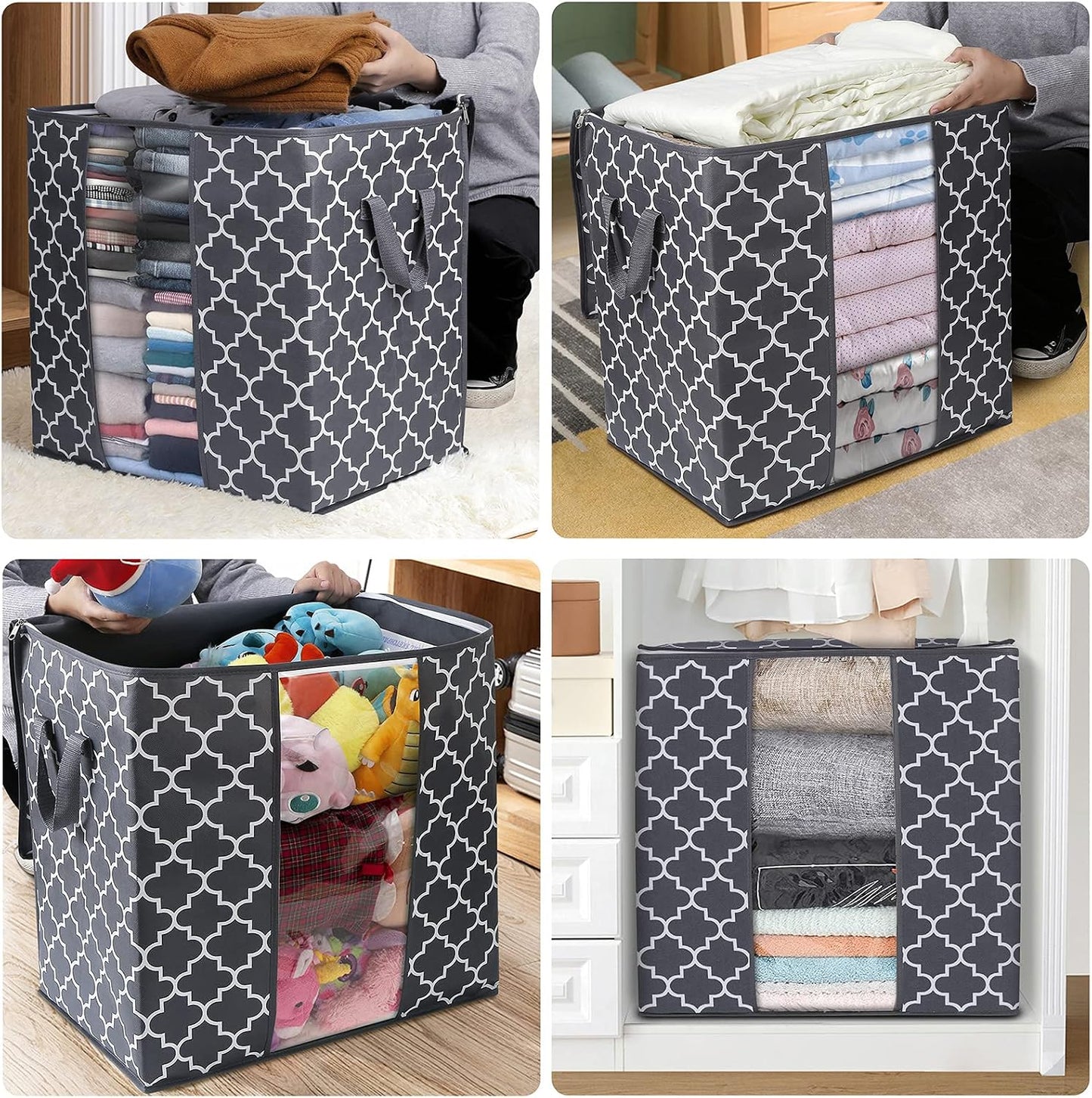 WISELIFE Storage Bags 3 Pack/100L Large Blanket Clothes Organization and Storage Containers for Comforters,Bedding, Foldable Organizer with Reinforced Handle, Clear Window, Sturdy Zippers,Gray