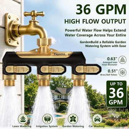 Garden Hose Splitter 2 Way,Heavy Duty All Metal Water Hose Y Splitter | Shut Off Valves,3.6" Easy-Turn Handles,Full Flow Leak-Resistant 3/4" GHT Outdoor Faucet Splitter for Lawn,Garden & Irrigation