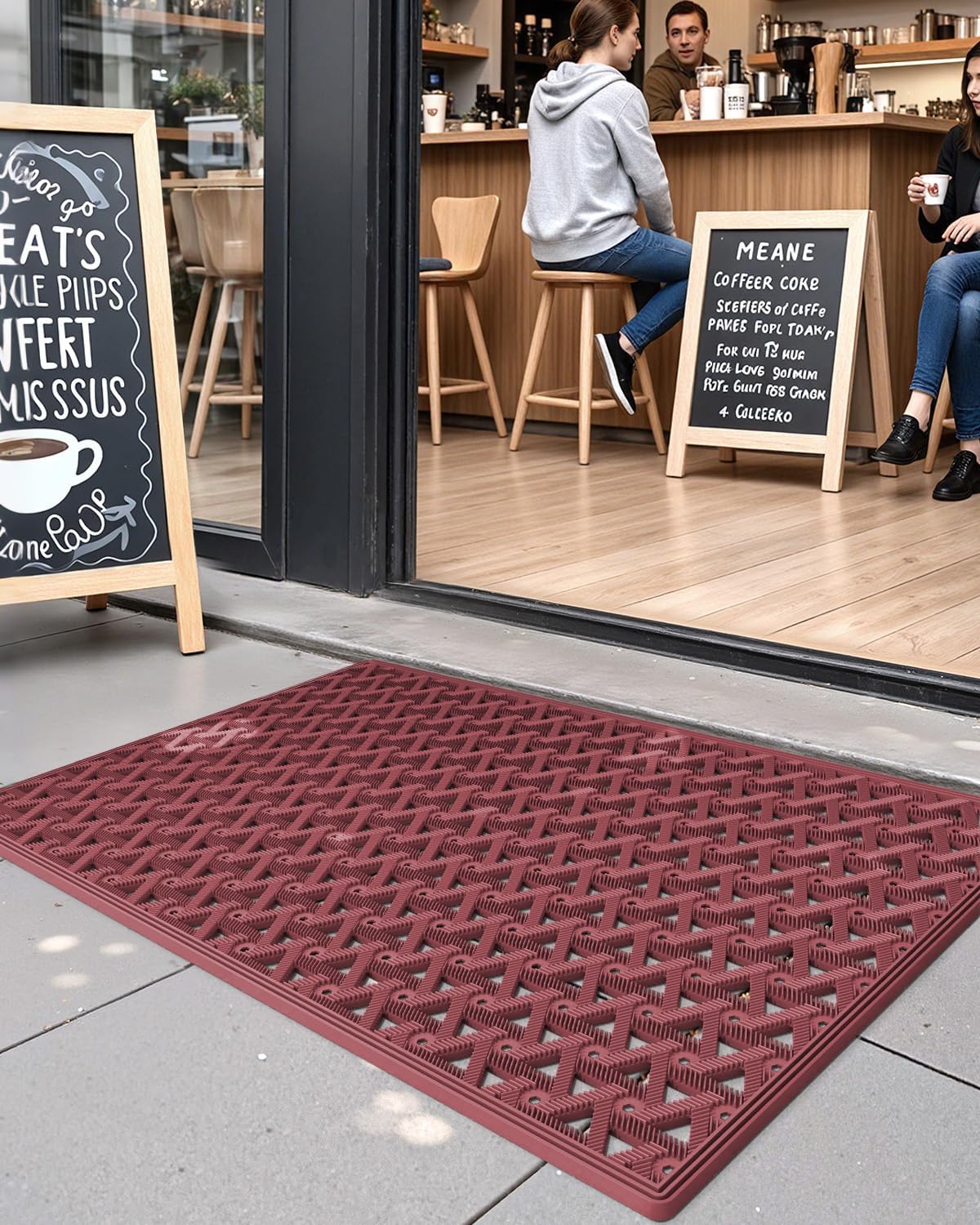 DEXI Front Door Mat Outside Entrance Rubber 19x30, Welcome Floor Doormat Heavy Duty Non Slip, Dirt Trapper Waterproof Exterior Entry Mats All Weather for Patio Entryway Drainage, Black