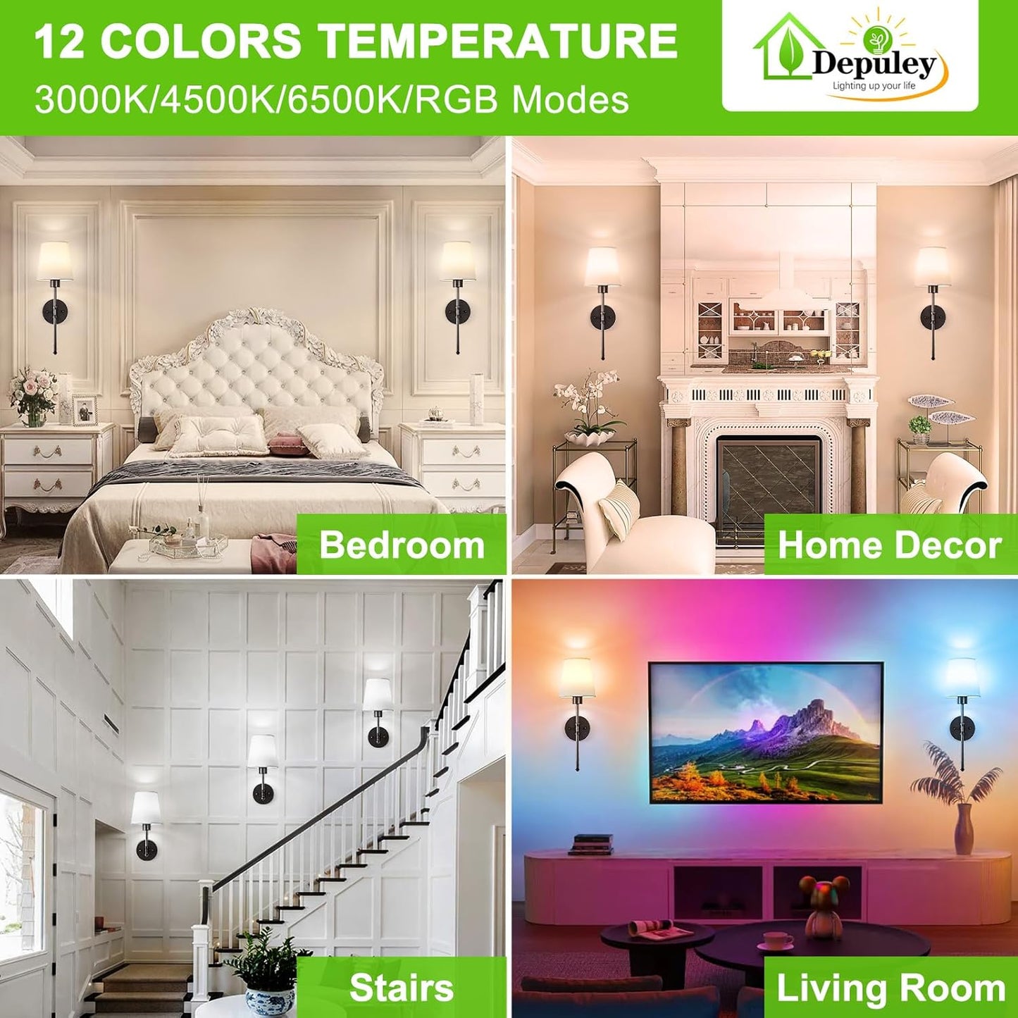 Depuley Battery Operated Wall Sconce: Set of 2 Wireless Wall Lights with 10000mAh Dimmable Bulbs and Remote for Bedroom - Rechargeable 15 Colors Gold Wall Lamp for Living Room Hallway
