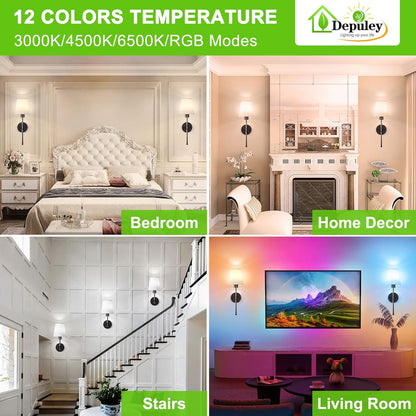 Depuley Battery Operated Wall Sconce: Set of 2 Wireless Wall Lights with 10000mAh Dimmable Bulbs and Remote for Bedroom - Rechargeable 15 Colors Gold Wall Lamp for Living Room Hallway