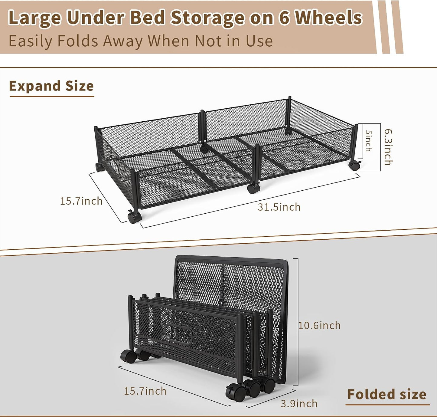 47.2'' Long Under Bed Storage on Wheels, 57.6L Large Capacity Rolling Under the Bed Storage Containers, Tool-Free Assembly Foldable Underbed Shoes Clothes Toy Drawers
