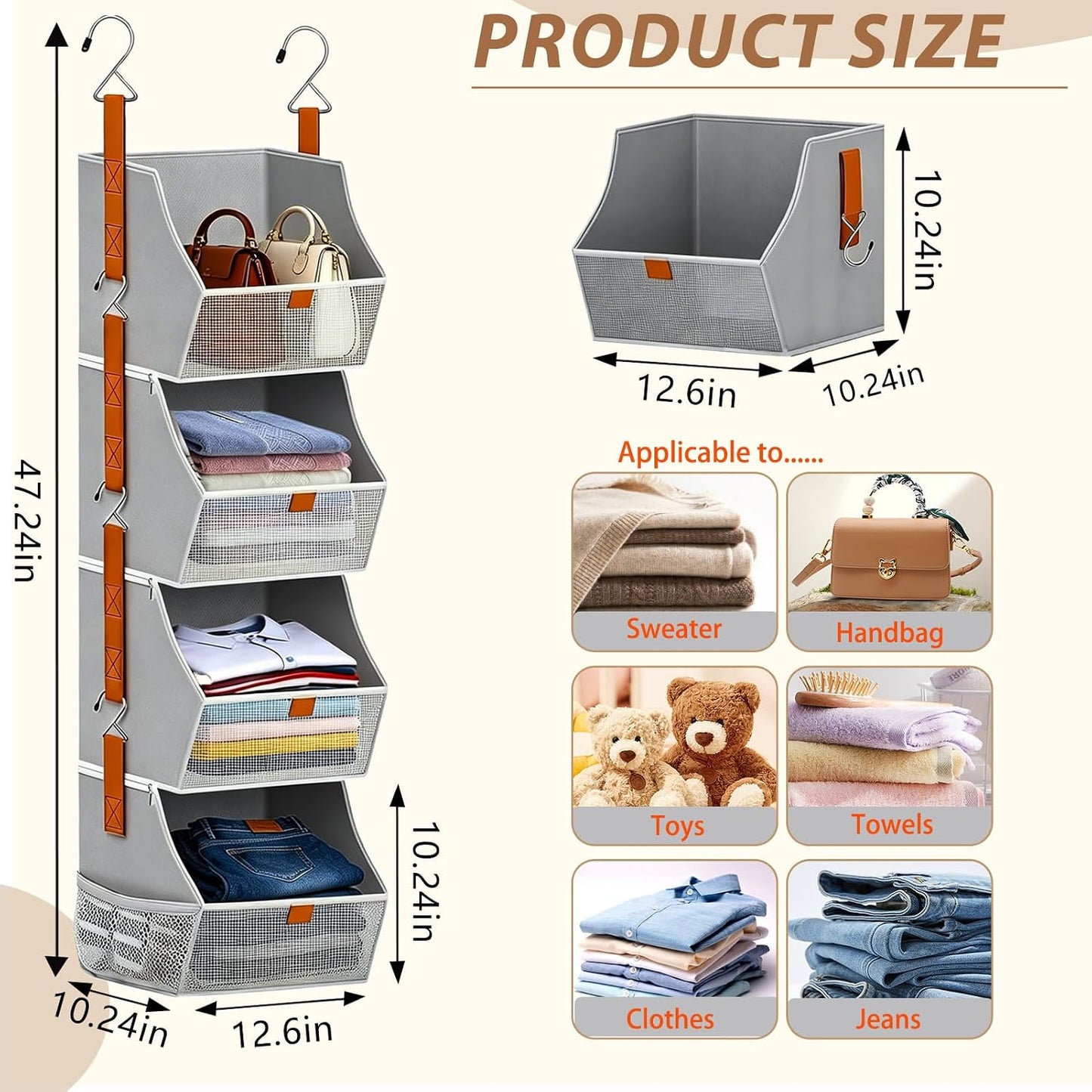 Fabric 4 Tier Hanging Closet Organizers Heavy Duty Shelf Hanging Storage Towel Clothes Sweater Jeans Bag Organizer For Closet For Bedroom,Dorm,RV,See Through Front Panel, Space-Saving (Beige-4Tier)