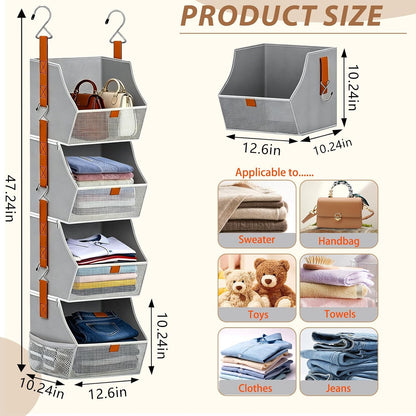 Fabric 4 Tier Hanging Closet Organizers Heavy Duty Shelf Hanging Storage Towel Clothes Sweater Jeans Bag Organizer For Closet For Bedroom,Dorm,RV,See Through Front Panel, Space-Saving (Beige-4Tier)