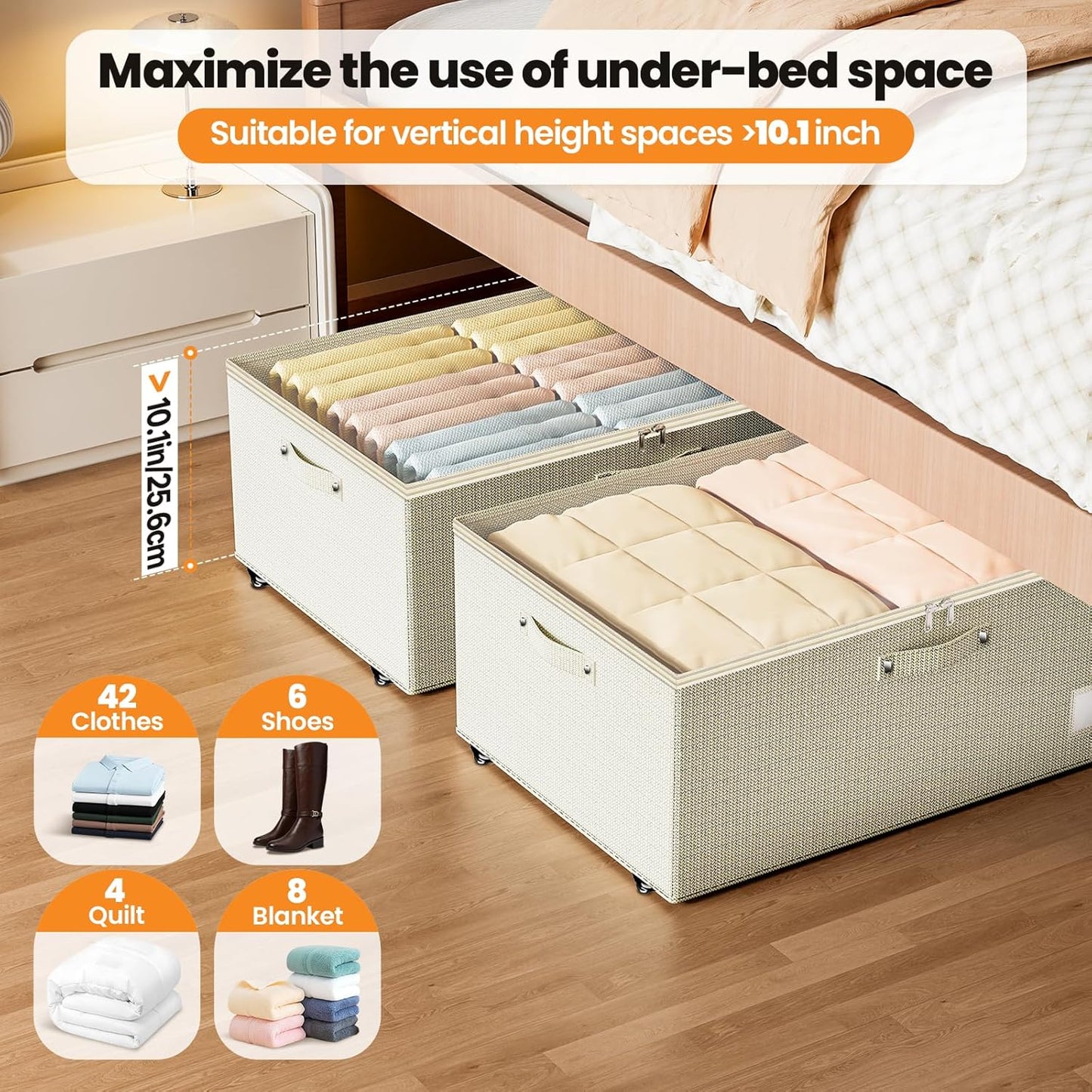 Dayacoco Under Bed Storage With Wheels,10in Underbed Storage Containers 65L | Large Capacity Underbed Storage, No Assembly Required Rolling Under Bed Storage for Clothes Blankets Shoes Beige
