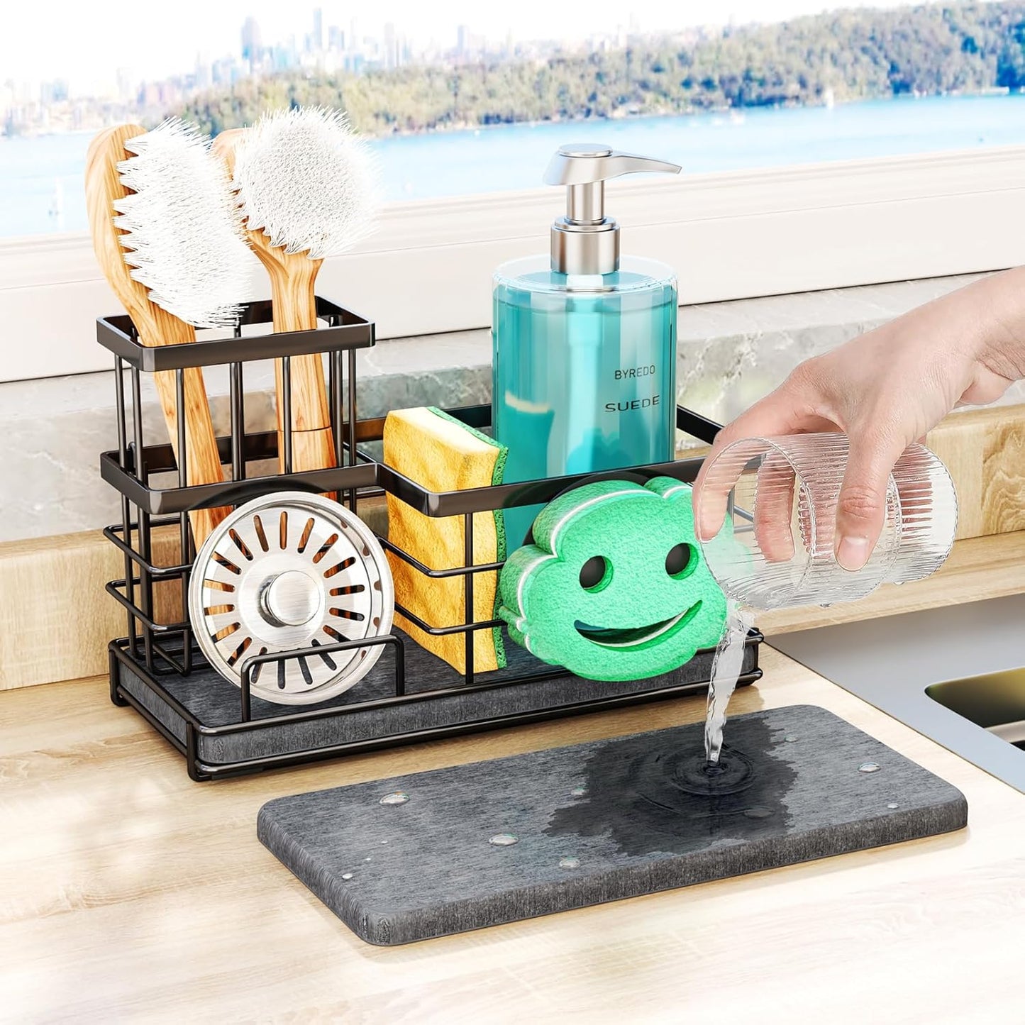 SWTYMIKI Sponge Holder for Kitchen Sink - Sink Caddy with Brush Holder and Stainless Steel Self Drain Tray, Sponge Caddy Organizer with Divider Kitchen Accessories Storage for Countertop, Black
