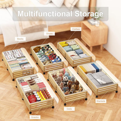 Under Bed Storage Containers With Wheels - 2 Pcs Bamboo Wood Rolling Underbed Shoe Storage Bins With Dust Bags for Clothes Blankets, Duvet Covers Snacks Toys (Natural)