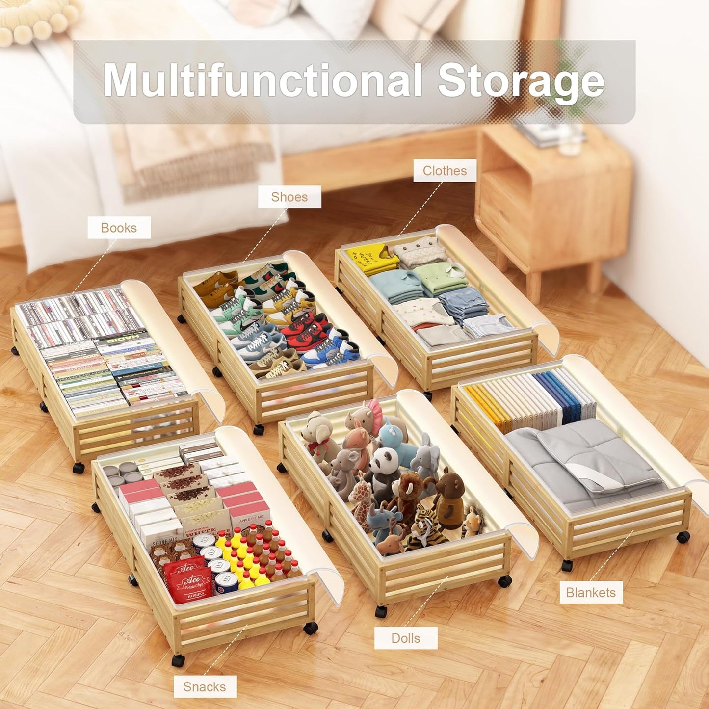 Under Bed Storage with Wheels-Large Bamboo Underbed storage Containers with Large Dust Bag Stackable Under the Bed Shoe Storage Bins for Clothes Books Bedding (2 Packs Nature, 23.62"L×16.54"W× 6.51"H)