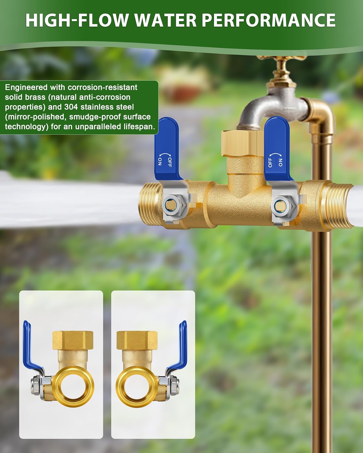 Hose Splitter 2 Way, Heavy Duty Brass Garden Hose Splitter, Water Hose Bib Spigot Splitter with 0.59" Full Flow Ball Valve Outlet & Shut-Off Valve 3/4'' Connector Outdoor Water Faucet Adapter