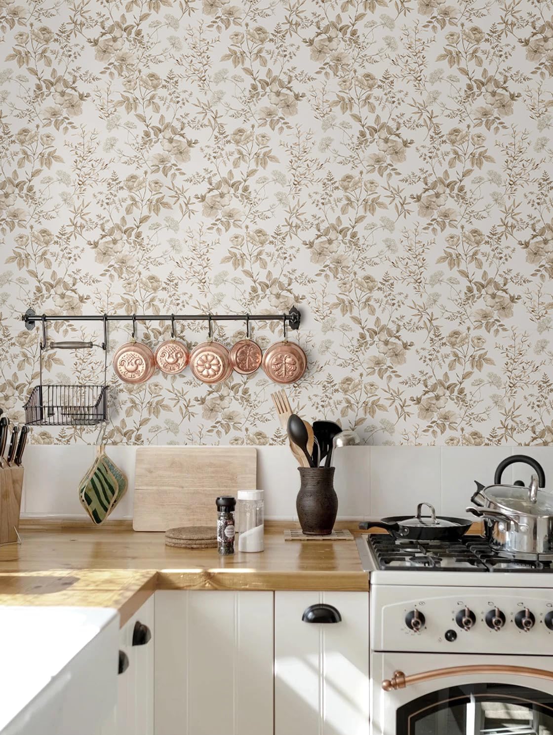 Erfoni 16.9" x118" Boho Floral Peel and Stick Wallpaper Beige Flower and Leaf Contact Paper Self Adhsive Removable Wallpaper Boho Botanical Wall Paper for Bedroom Cabinets Decor Vinyl Roll Waterproof