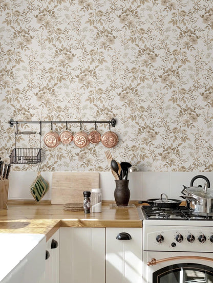 Erfoni 16.9" x118" Boho Floral Peel and Stick Wallpaper Beige Flower and Leaf Contact Paper Self Adhsive Removable Wallpaper Boho Botanical Wall Paper for Bedroom Cabinets Decor Vinyl Roll Waterproof