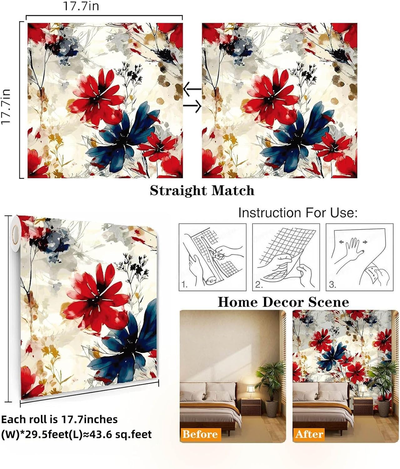 Red Watercolor Floral Peel and Stick Wallpaper Removable Self Adhesive Floral Wall Covering for Living Room Bedroom Accent Wall 17.7 x 70.8 in