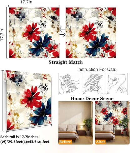 Red Watercolor Floral Peel and Stick Wallpaper Removable Self Adhesive Floral Wall Covering for Living Room Bedroom Accent Wall 17.7 x 70.8 in