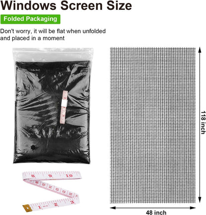 Ouskr Replacement Window Screens Kit, 48X118 Inch Durable Window Screen Mesh for Patio Porch Door Windows, DIY Adjustable Fiberglass Screen Repair Kit with Rolling Tool Hook Ruler Cutter Spline