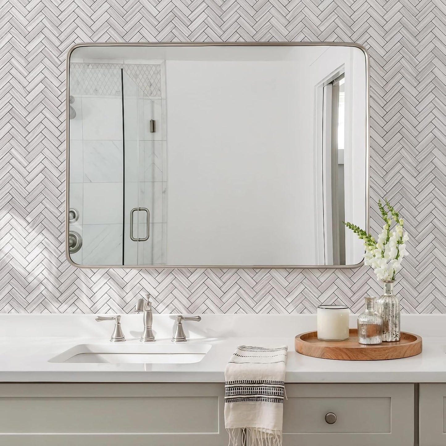STICKGOO 10 Sheets Herringbone Peel and Stick Backsplash, Stick on Aluminum Composite PVC Kitchen Backsplash, Marble White Mixed Light Grey Look Self Adhesive Wall Tiles