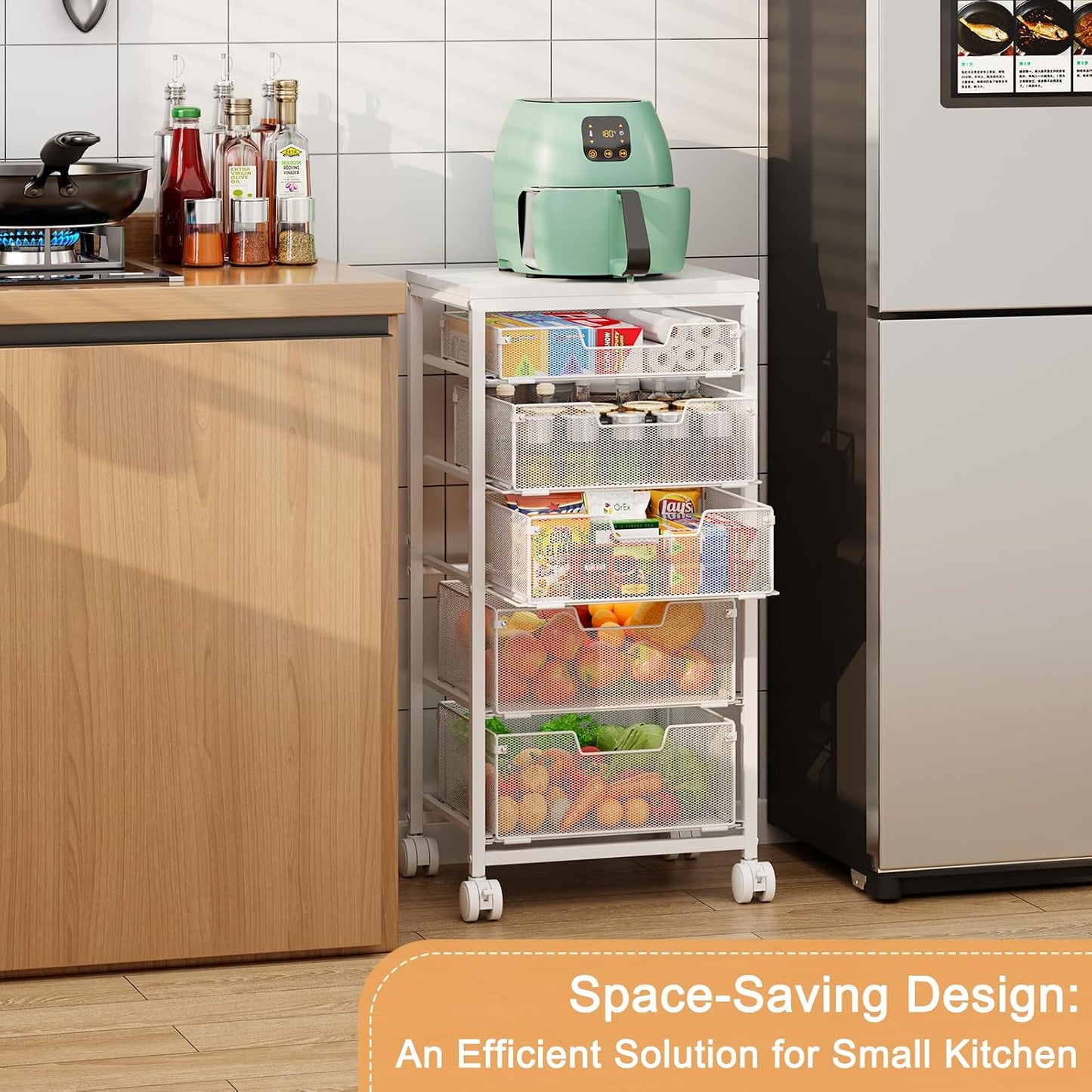 4 Tier Kitchen Rolling Cart, Kitchen Storage Cart with Wheels, Adjust Pantry Organizer and Storage Cart with Drawer, Fruit Vegetable Spice Storage Cart, Wooden Top Metal Kitchen Organizer Rack Stand