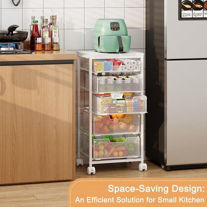 4 Tier Kitchen Rolling Cart, Kitchen Storage Cart with Wheels, Adjust Pantry Organizer and Storage Cart with Drawer, Fruit Vegetable Spice Storage Cart, Wooden Top Metal Kitchen Organizer Rack Stand