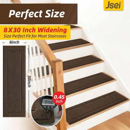 JSEI Stair Treads for Wooden Steps Indoor, 15-Pack Non Slip Stair Treads 30" x 8", Washable Polyester Stair Mats with TPE Backing, Low Profile Stair Rugs for Kids, Seniors and Dogs, Brown