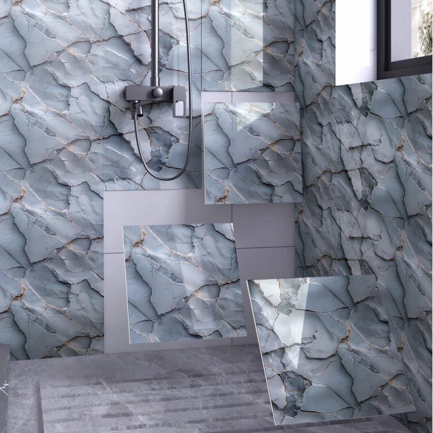 Chejiaye Shower Wall Panels Peel and Stick,Marble Wall Panels for Interior Decor,Backsplash Tile for Kitchen Showers Bathrooms Living Rooms 11.8"x11.8"in 10Pcs, Grey (Not Real Tile,9.7 Sq.ft)