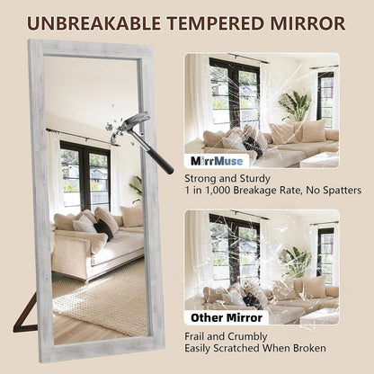 Rustic Standing Full Length Mirror Wood Frame, 56"X21" Farmhouse Floor Mirror for Bedroom Living Room Entryway, Hanging or Leaning Wall-Mounted Full Body Mirror, Tempered Glass, White