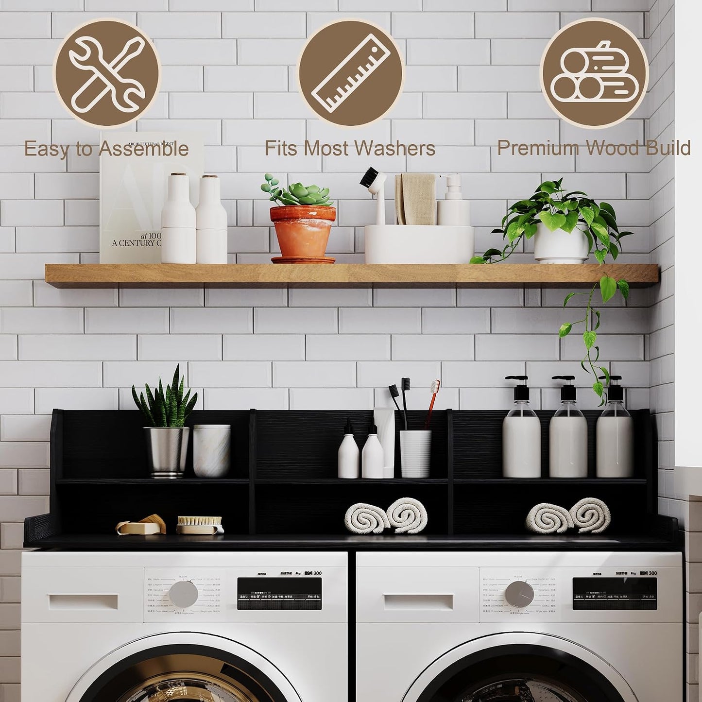 ChooChoo 2-Tier Washer Dryer Countertop with Adjustable Shelf, Spacious Laundry Room Storage for Folding Clothes and Efficient Organization, Walnut