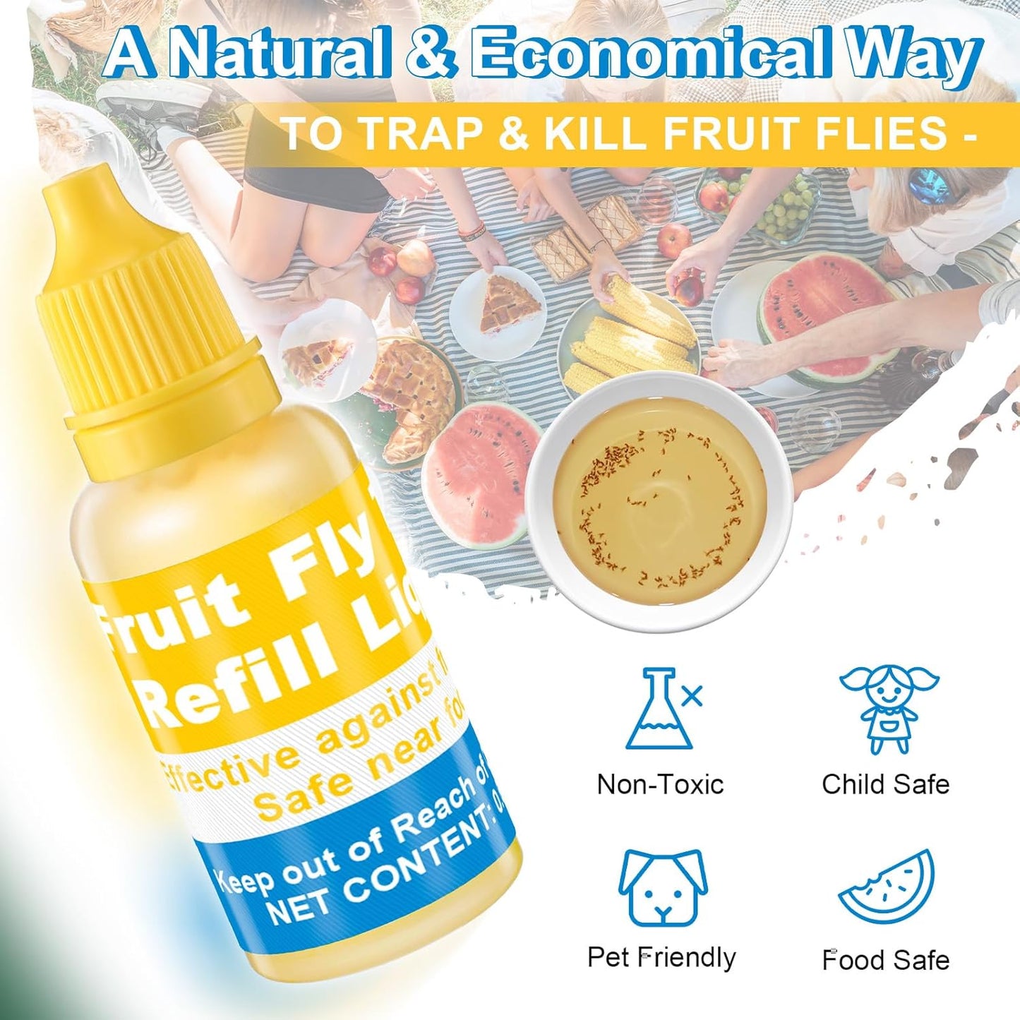 Qualirey Fruit Fly Trap for Indoor and Kitchen Use, 0.68 oz Each Bottle Fruit Fly Trap Refill Liquid, Ready to Use, Safe Near Food, Efficient Lure Refill Liquid, Yellow(12 Pack)